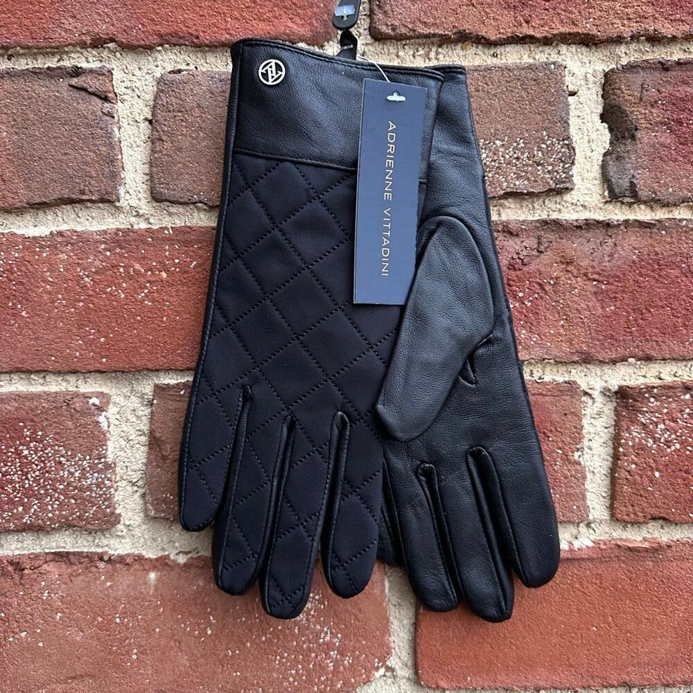 Adrienne Vittadini black Leather Cashmere wool Gloves Womens M NWT